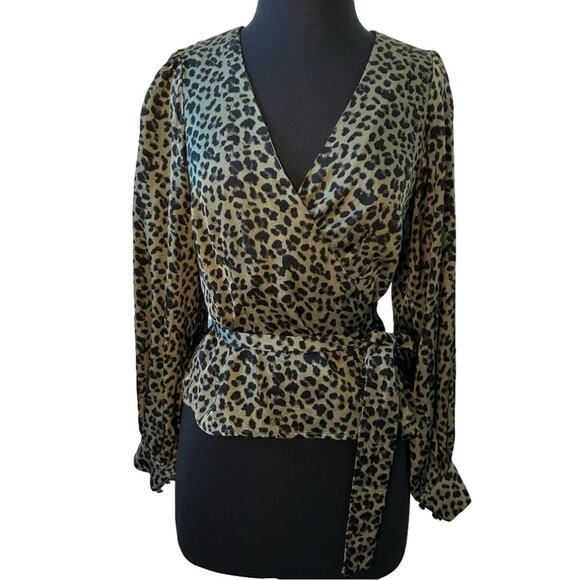 Good American Sage Leopard Wrap Top Balloon Long Sleeve Green Black Size 1 = S - Picture 2 of 15